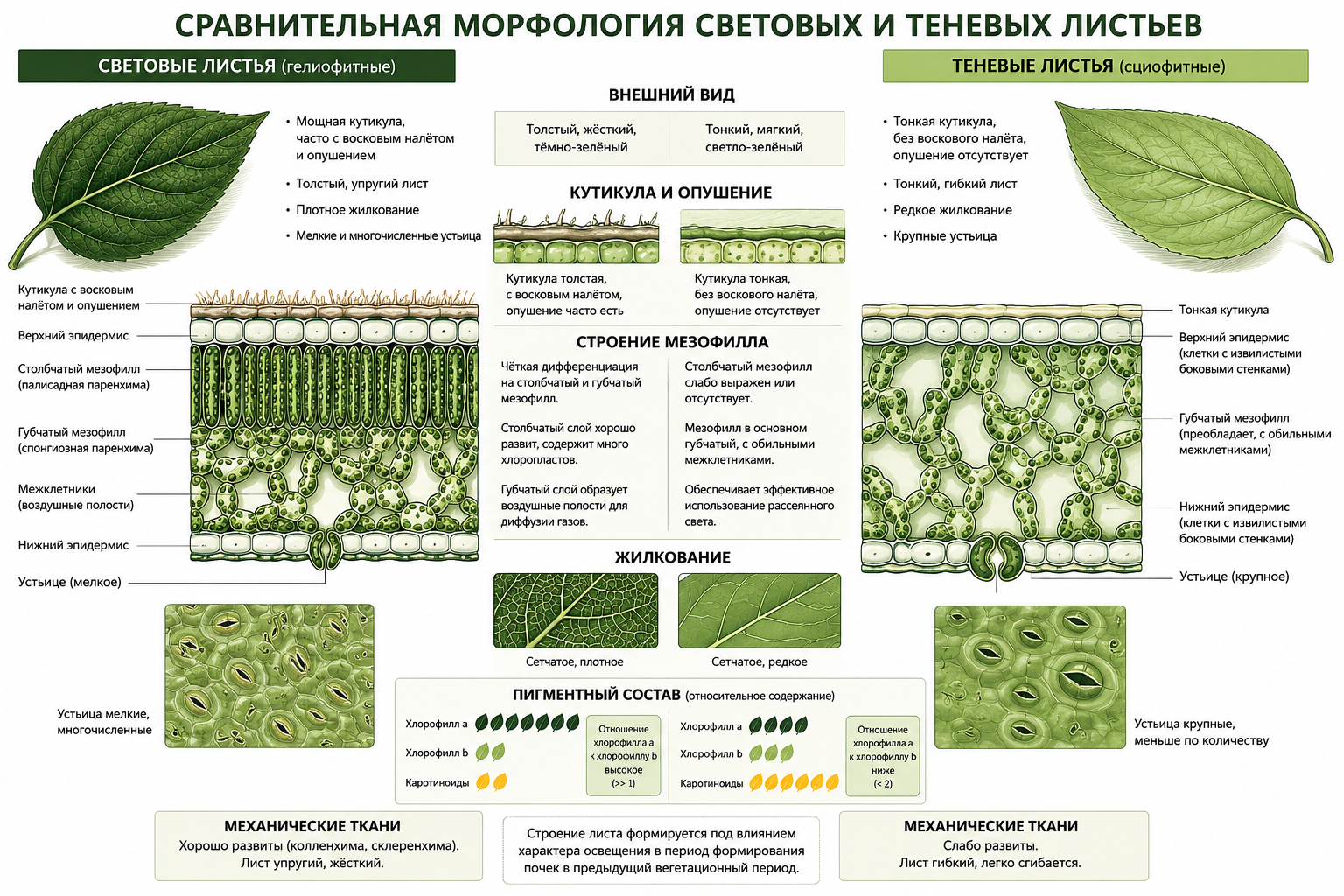 Сравнение темновых и световых листьев: инфографика